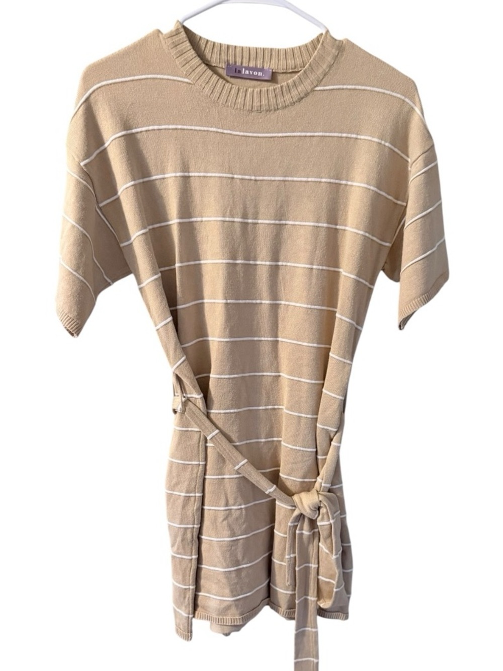 🙋🏻♀️LALAVON Tie-Waist Striped Short-Sleeve Tunic Dress in Beige